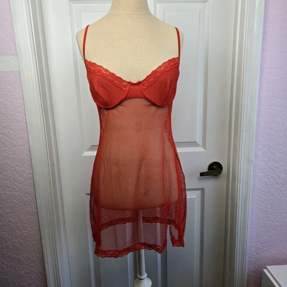 Victoria's Secret Y2K Vtg Red‎ Stretch Lace Babydoll Nightie Lingerie Size 36C